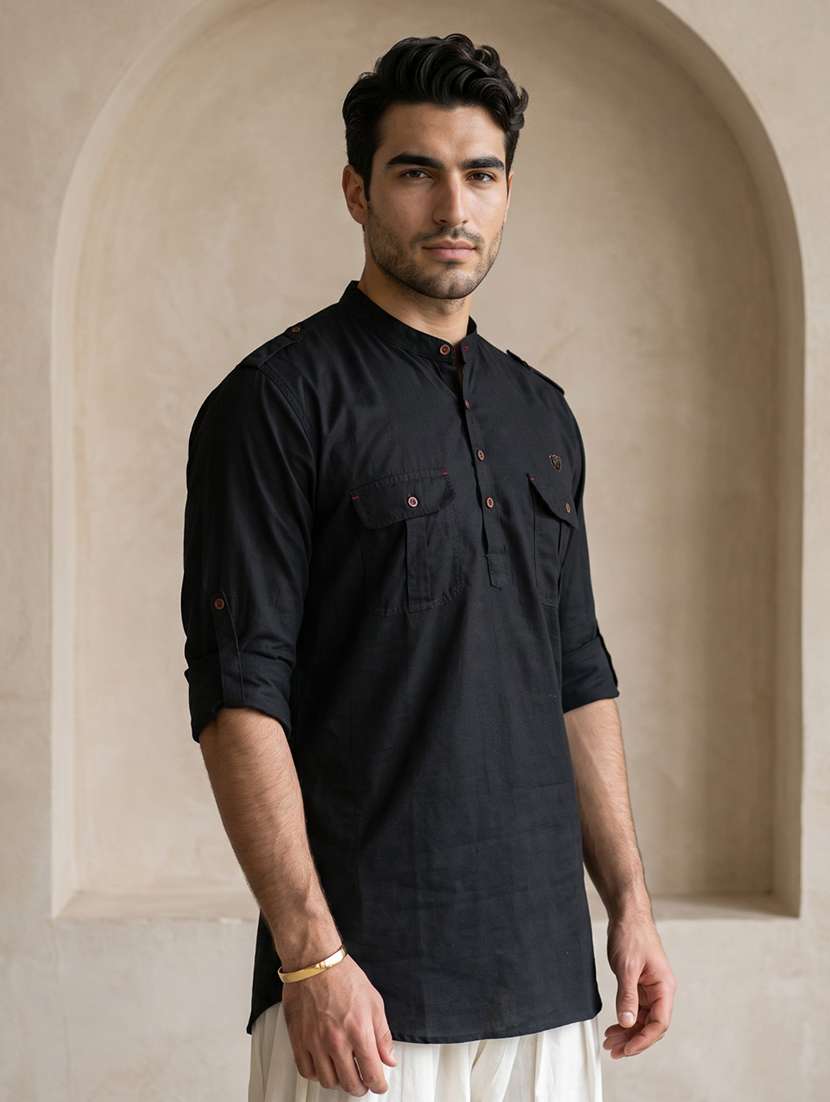 Men Solid Mandarin Neck Pathani Short Kurta - 22642593 -  Standard Image - 2