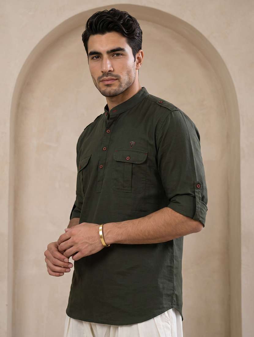 Men Solid Mandarin Neck Pathani Short Kurta - 22642595 -  Standard Image - 2