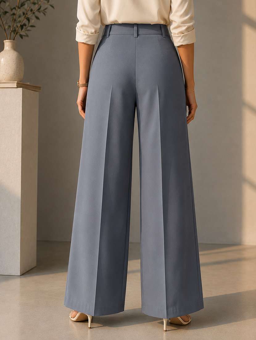 Women Solid High Rise Wide Leg Trouser - 22642626 -  Standard Image - 2