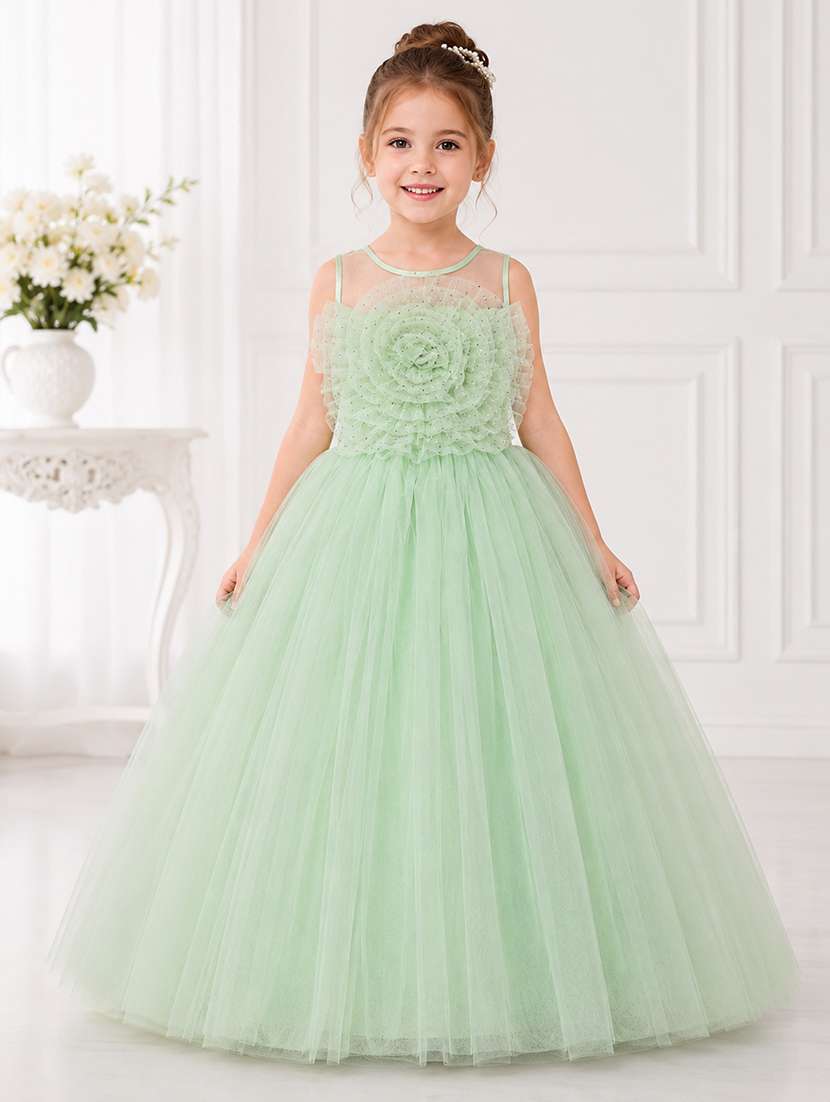 girls solid applique detailed sleeveless gown