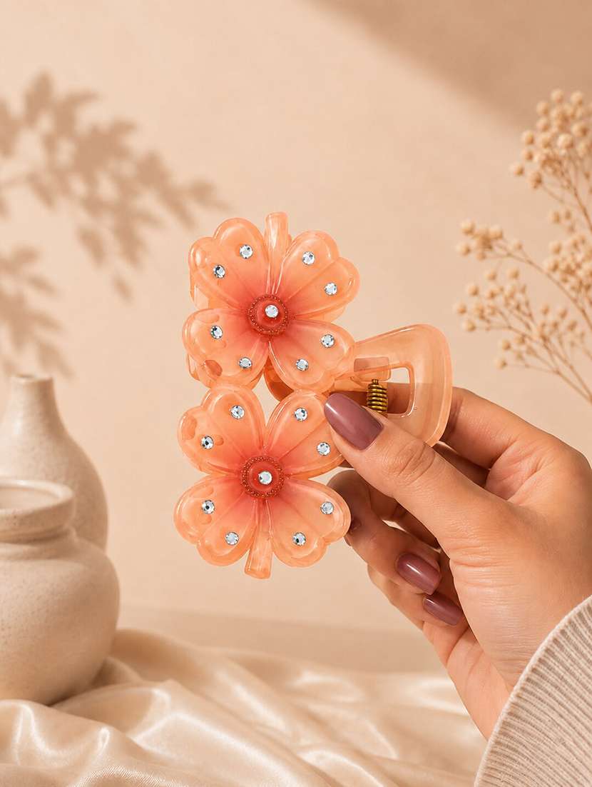 orange floral rhinestone plastic hair claw clip - 22642690 -  Standard Image - 2