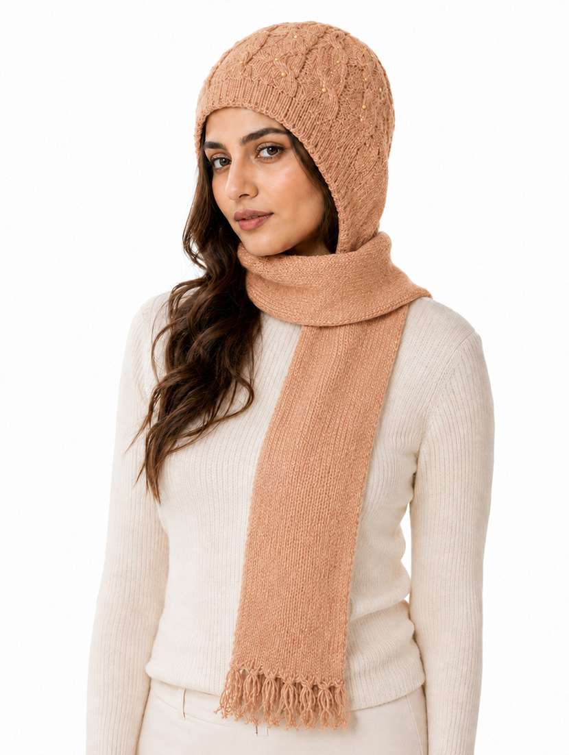Women Self Design Cap With Attached Muffler - 22642727 -  Standard Image - 2