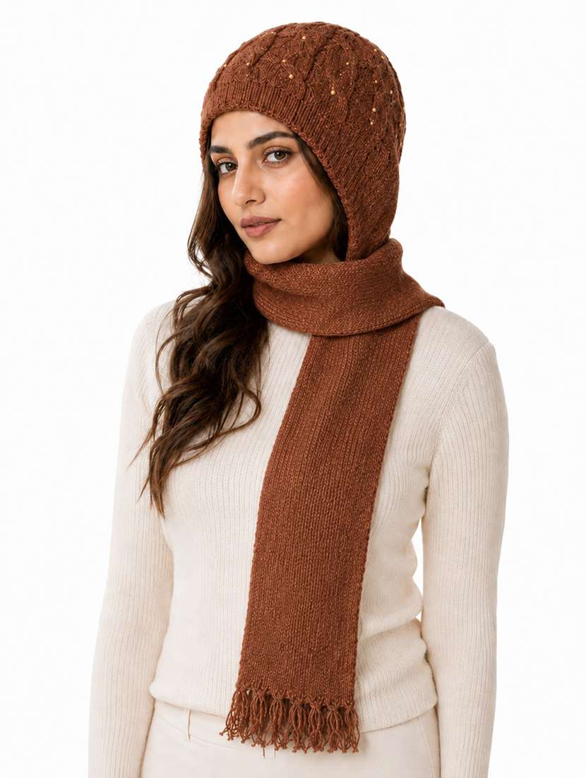 Women Self Design Cap With Attached Muffler - 22642730 -  Standard Image - 2