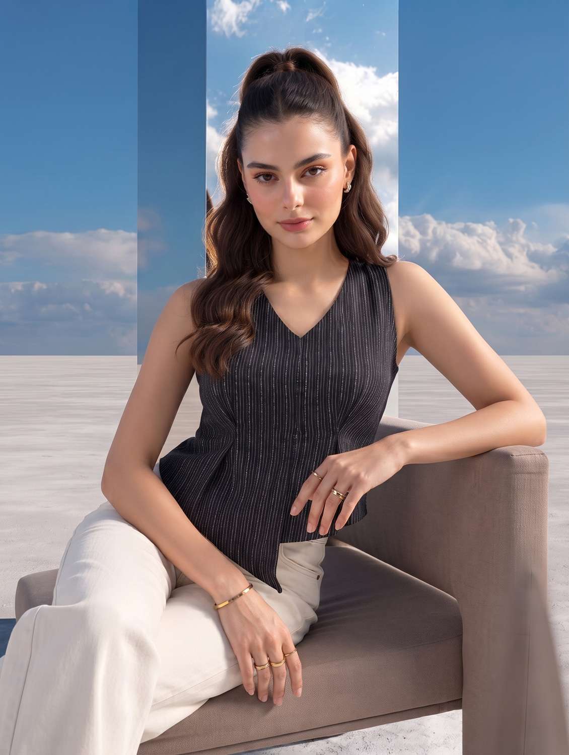 women printed sleeveless asymmetric top