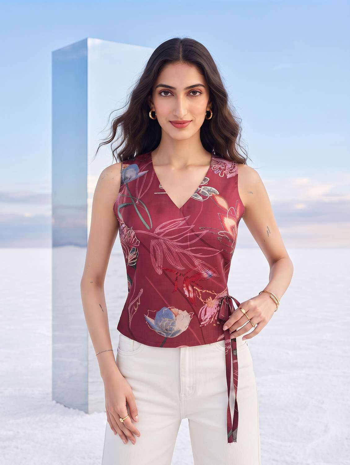 women printed sleeveless regular top