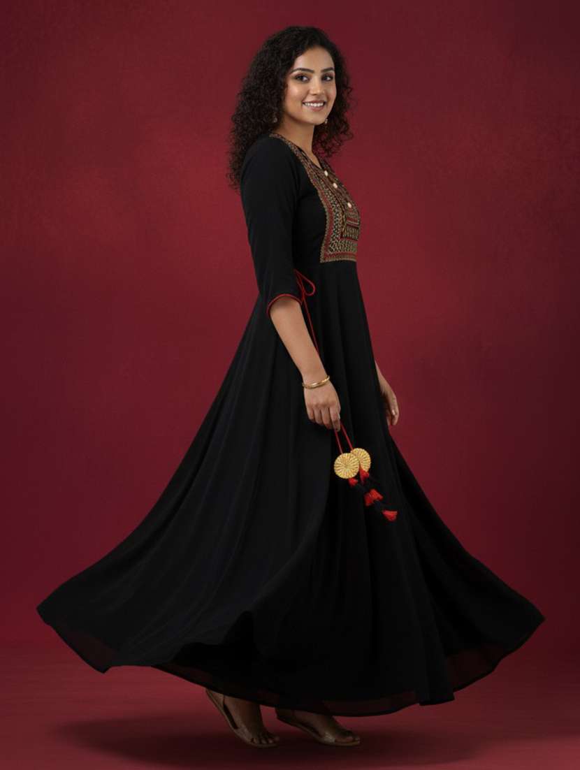 women solid with work round neck tiered ethnic dress - 22658948 -  Standard Image - 2