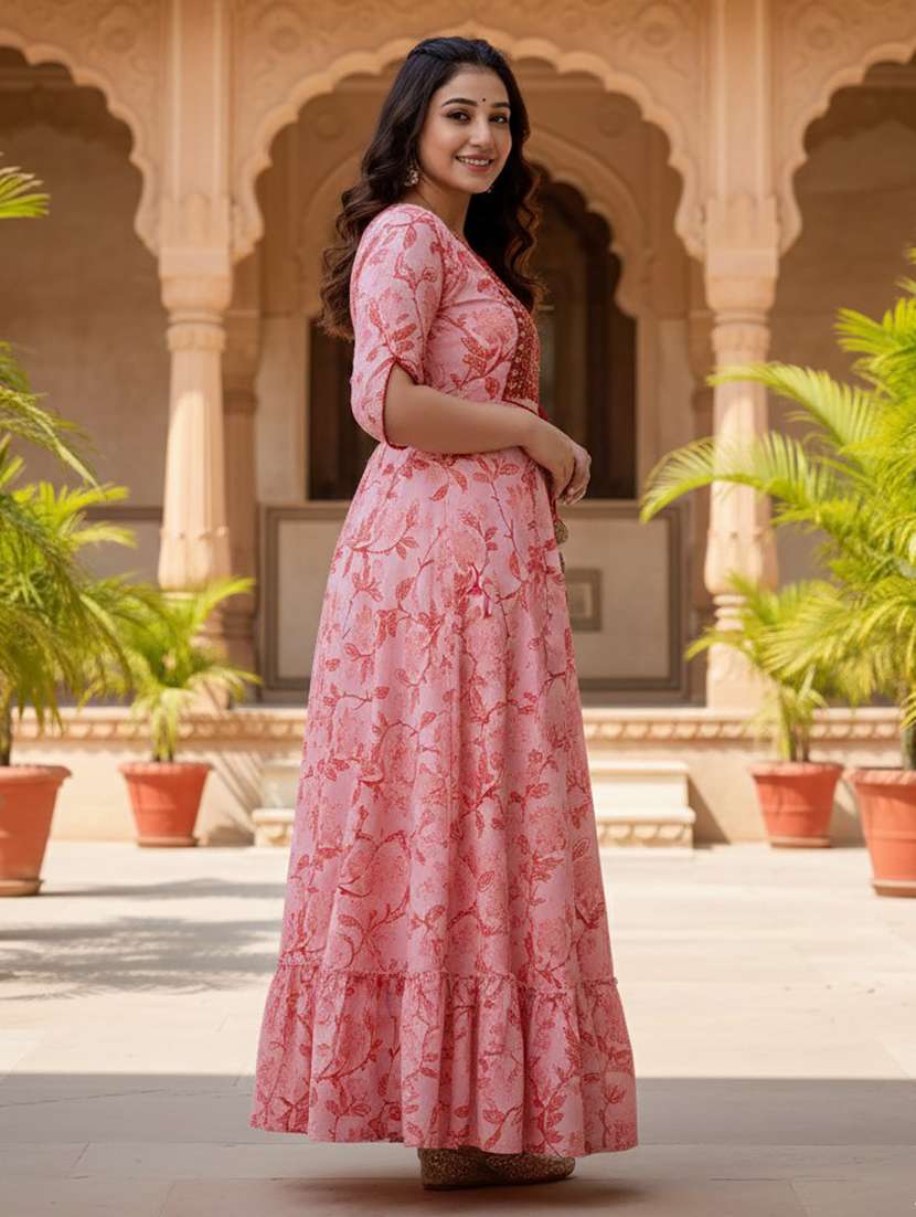 women printed round neck tiered ethnic dress - 22658949 -  Standard Image - 2