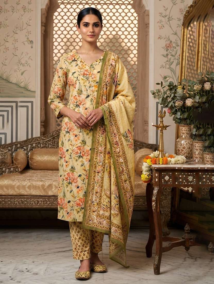 women printed three quarter sleeves kurta pant set with dupatta