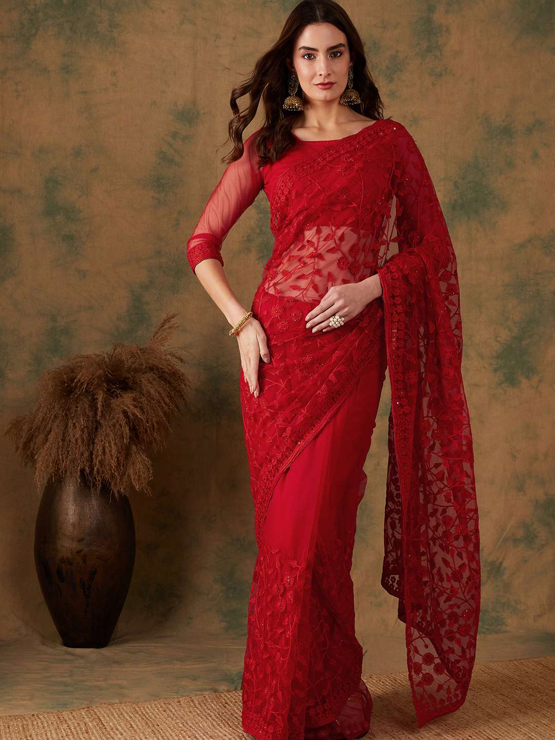 women solid with work embroidered saree with blouse