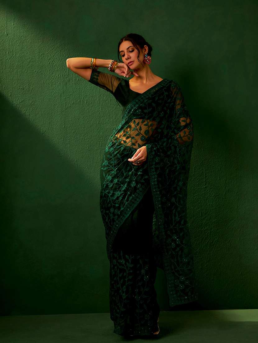 women solid with work embroidered saree with blouse
