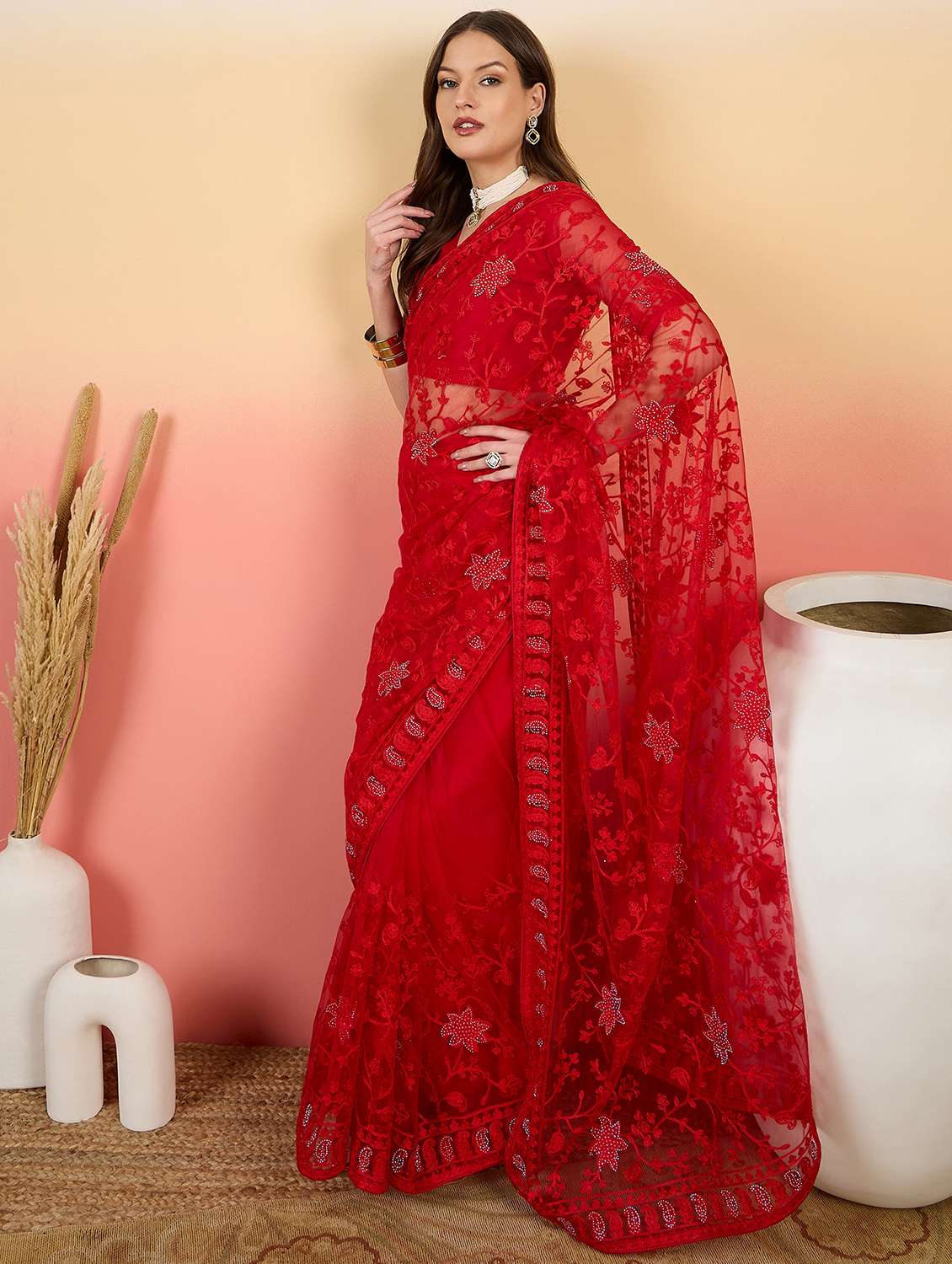 Women Solid With Work Embroidered Saree With Blouse - 22660661 -  Standard Image - 2
