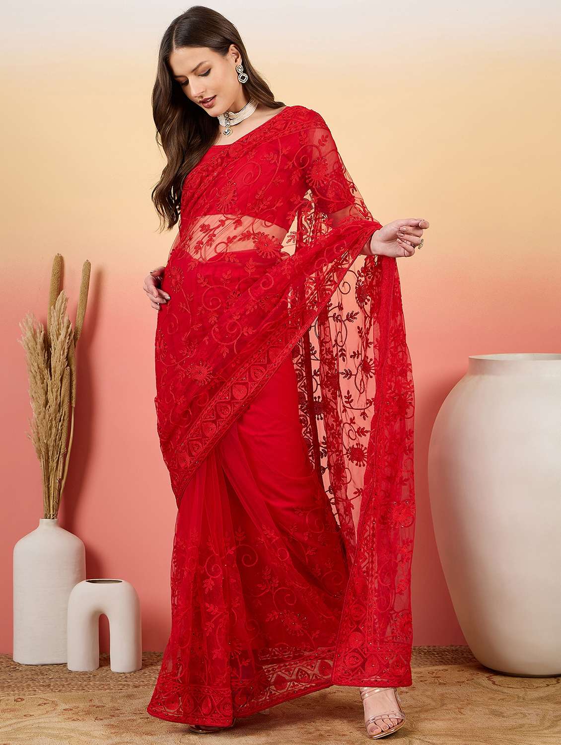 Women Solid With Work Embroidered Saree With Blouse - 22660662 -  Standard Image - 2