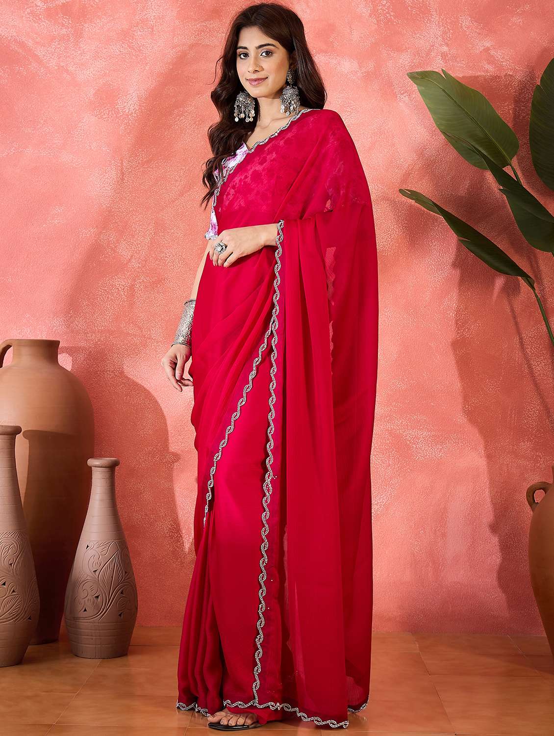 Women Solid With Embellished Bordered Saree With Blouse - 22660695 -  Standard Image - 2