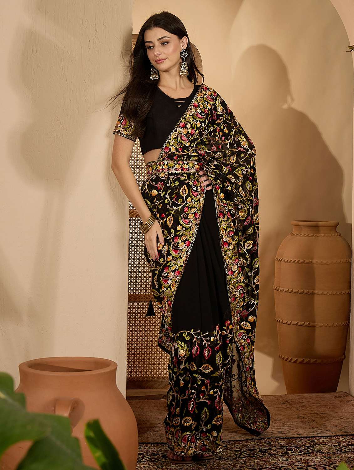 women solid with work embroidered saree with blouse