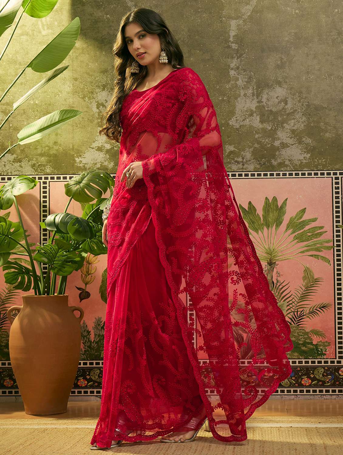 women solid with work embroidered saree with blouse