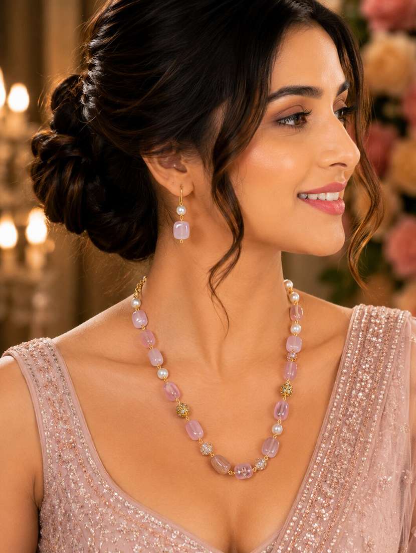 women pink metal pearl beaded necklace earrings set - 22662076 -  Standard Image - 2