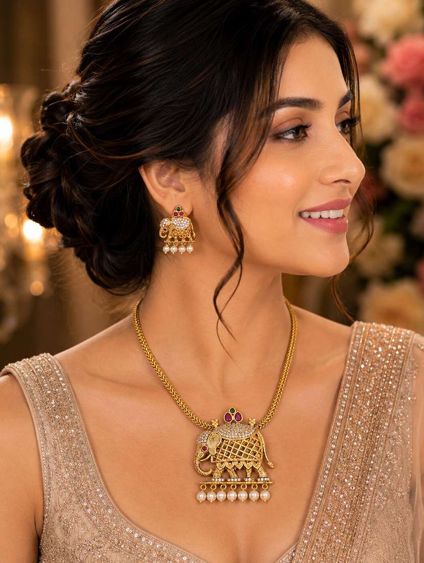 women matte gold elephant necklace set with earrings - 22662079 -  Standard Image - 2