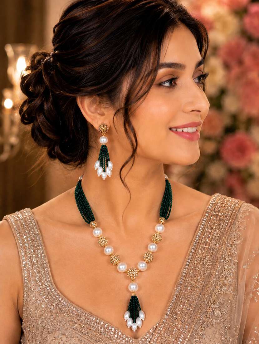 women pearl beaded gold plated necklace set with earrings - 22662084 -  Standard Image - 2