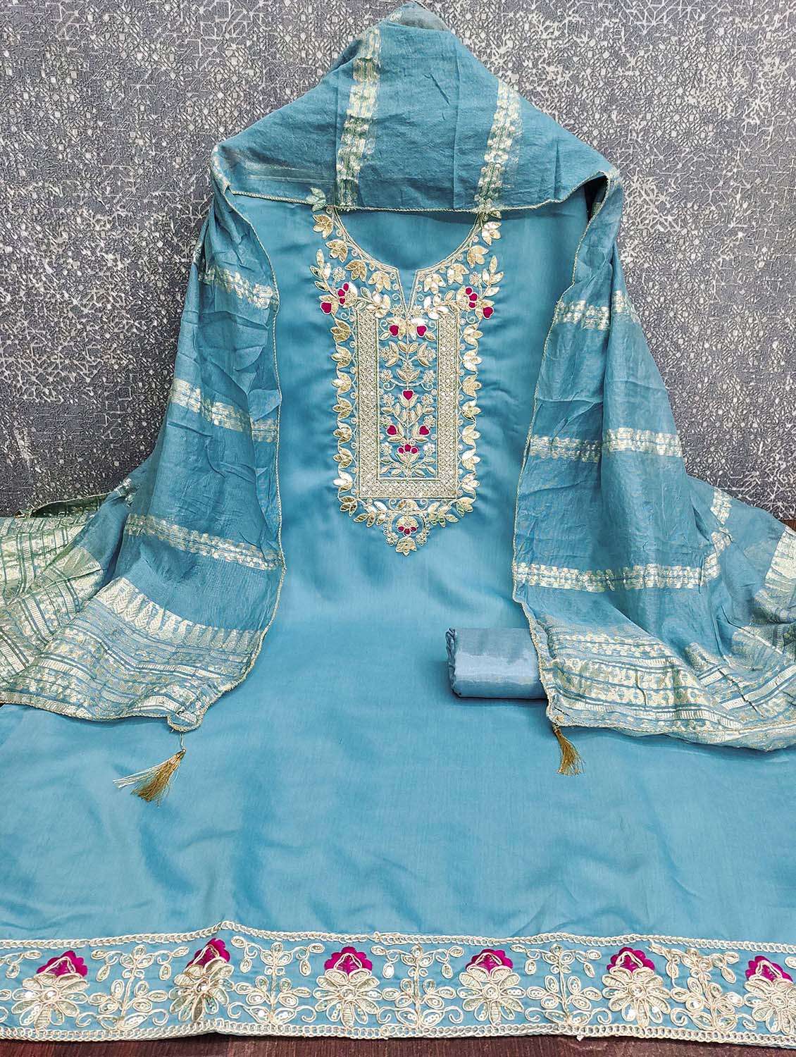 Women Solid With Work Unstitched Suit Set - 22662249 -  Standard Image - 2