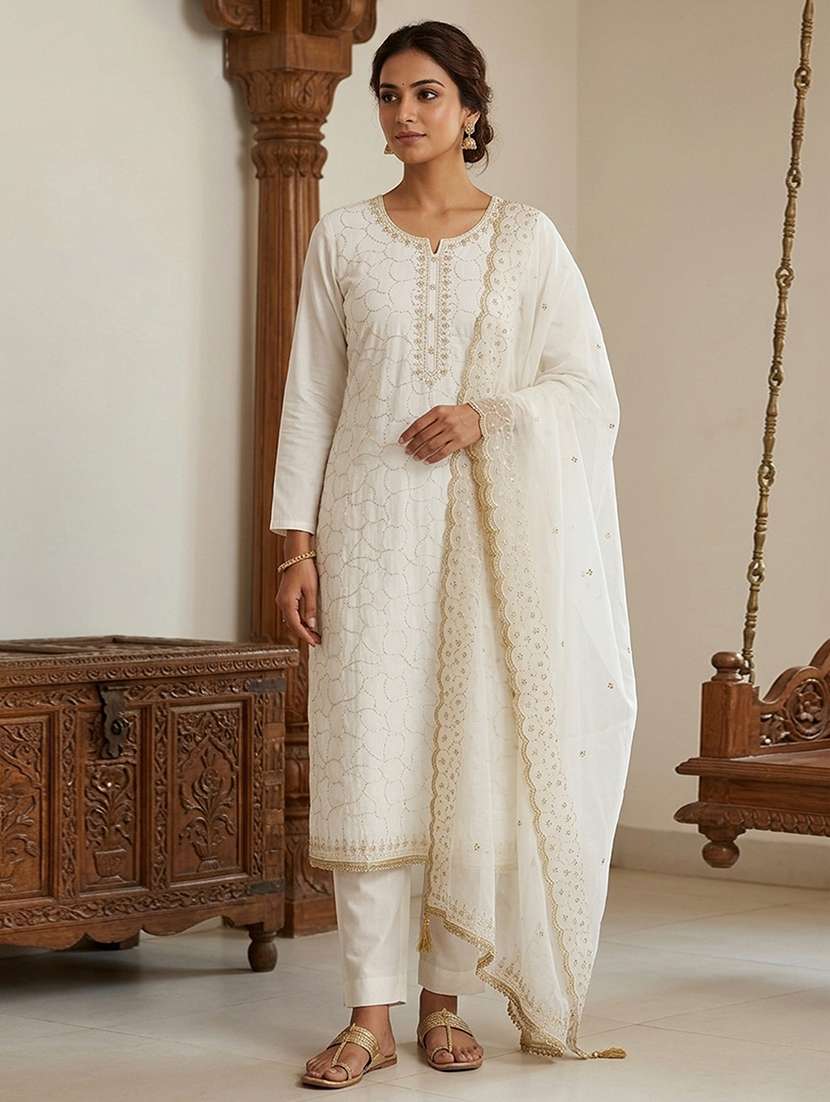 women solid with work unstitched suit set