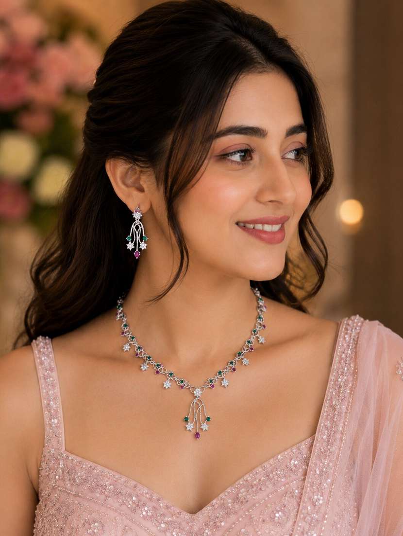 women rhodium plated multi stone necklace earring set  - 22662449 -  Standard Image - 2