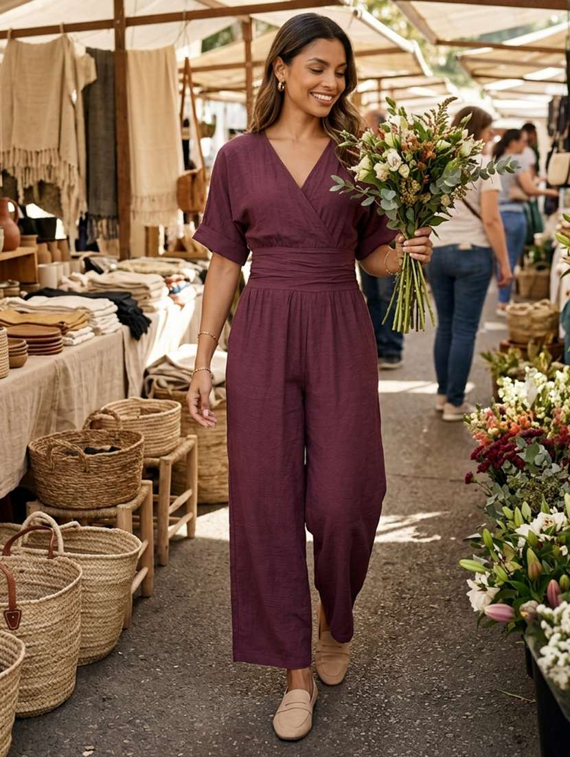 women solid short sleeves full leg jumpsuit