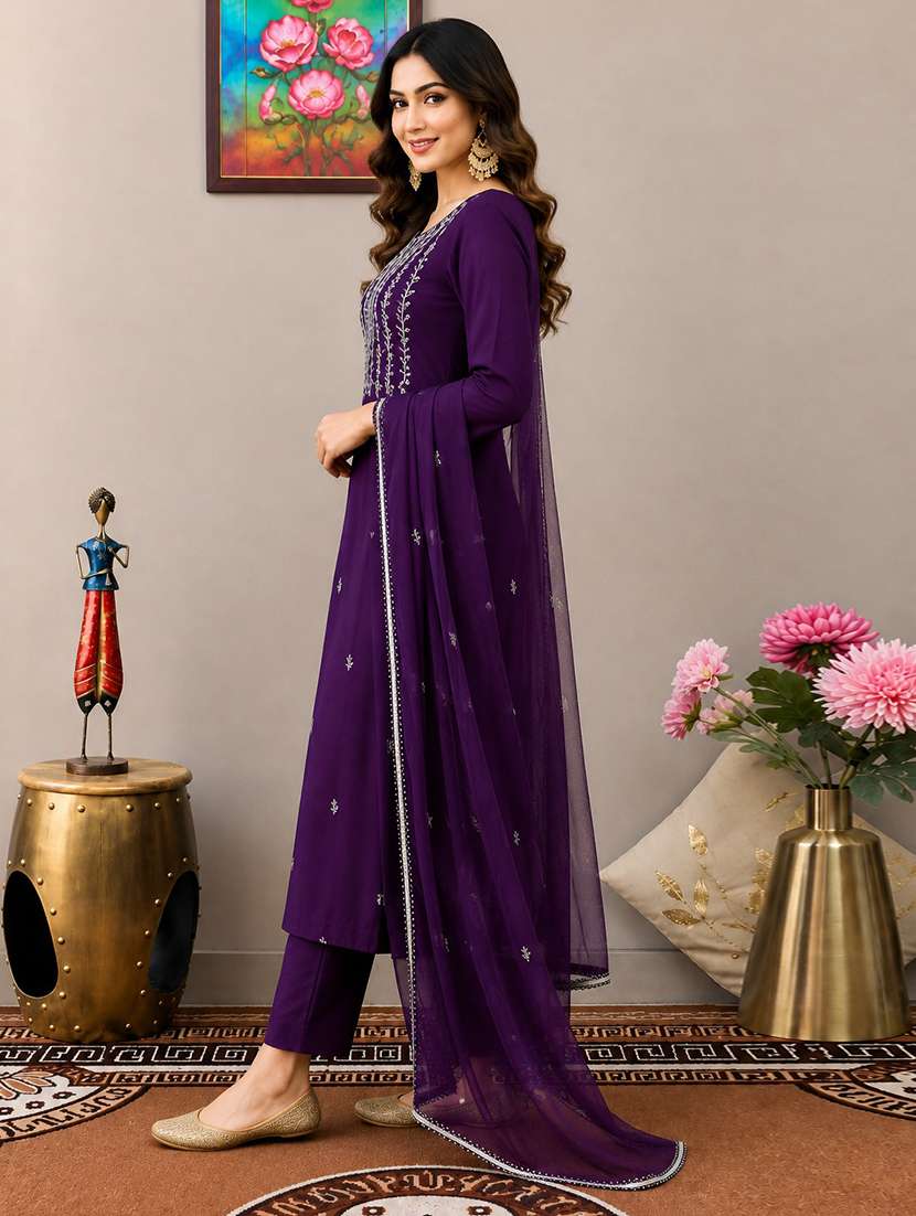 Women Solid With Work Three Quarter Sleeve Kurta Pant With Dupatta Set - 22663827 -  Standard Image - 2