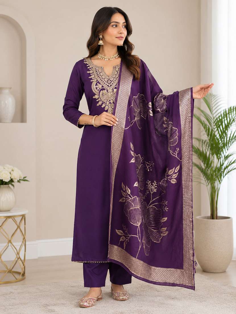 women solid with work three quarter sleeve kurta pant with dupatta set