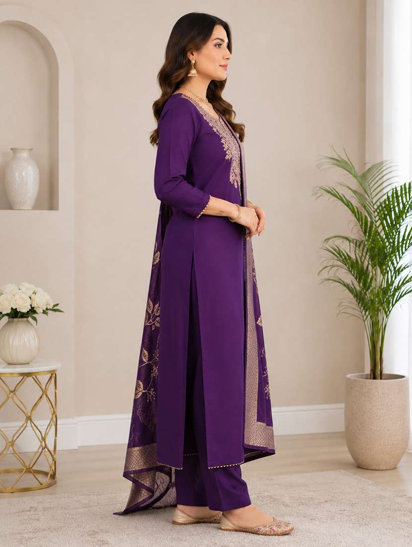 Women Solid With Work Three Quarter Sleeve Kurta Pant With Dupatta Set - 22663832 -  Standard Image - 2