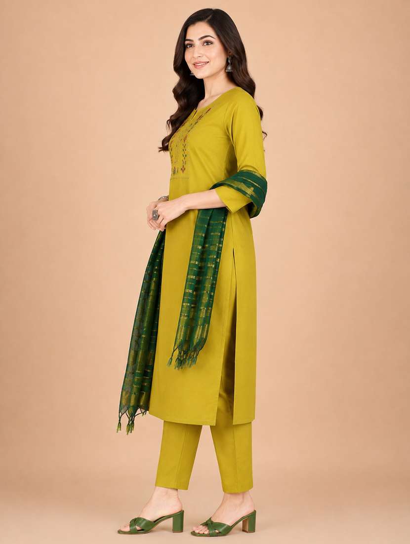 Women Solid With Work Three Quarter Sleeve Kurta Pant With Dupatta Set - 22663842 -  Standard Image - 2