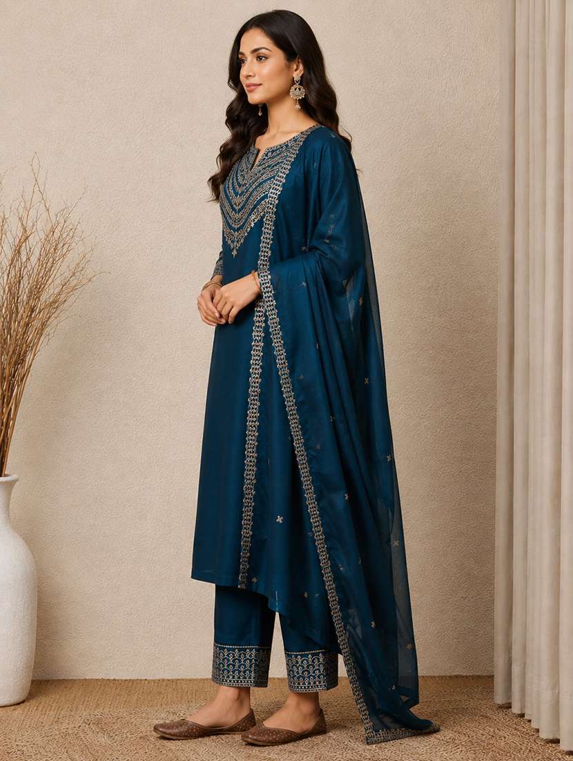 Women Solid With Work Three Quarter Sleeve Kurta Pant With Dupatta Set - 22663852 -  Standard Image - 2