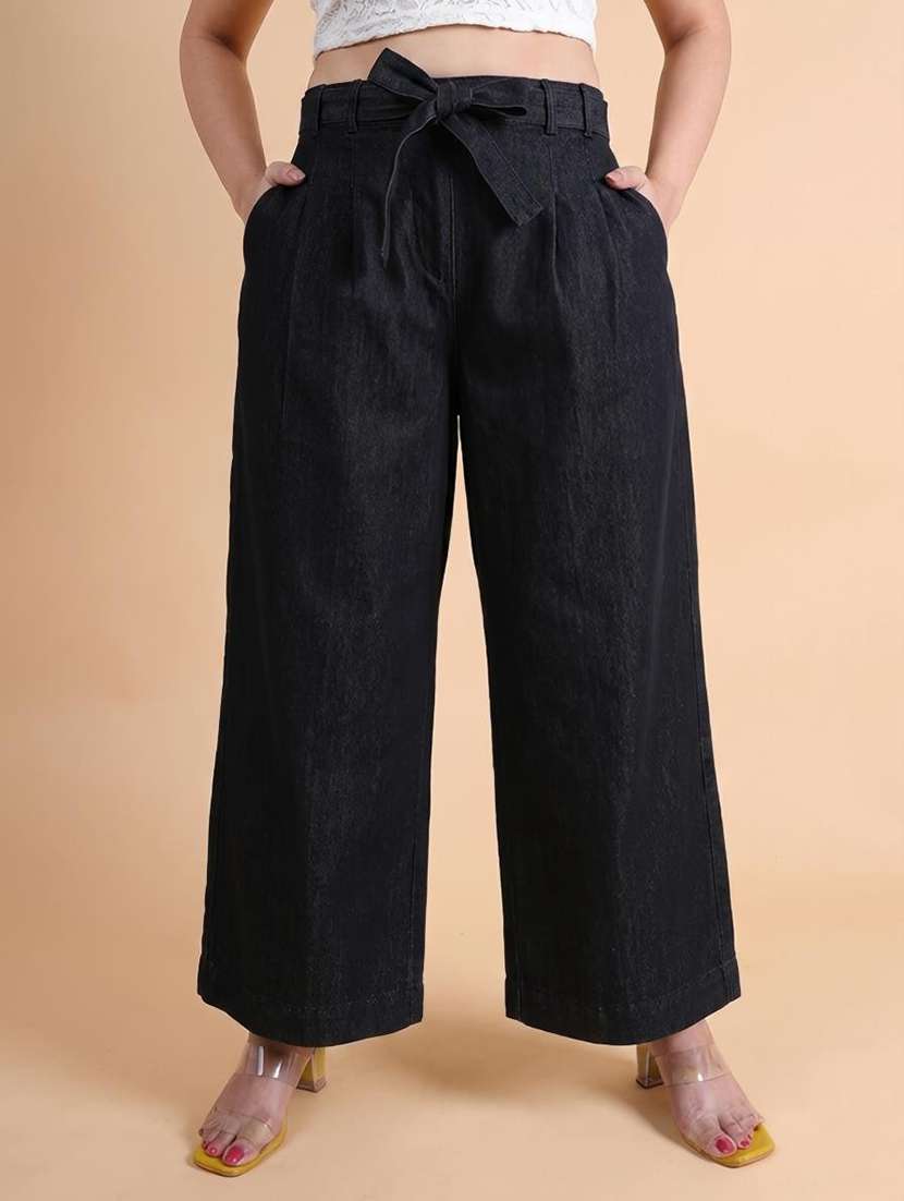 women solid high rise wide leg trouser