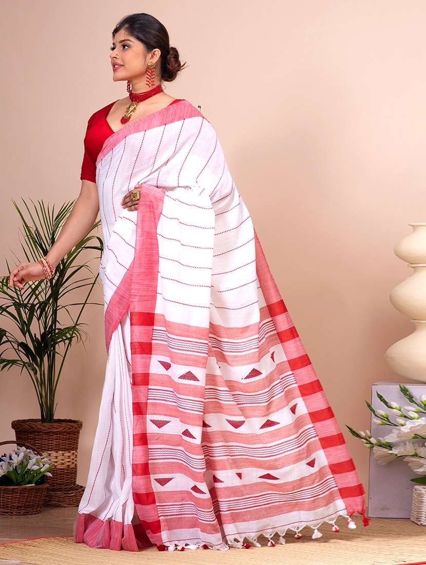 Women Striped Handloom Saree With Blouse - 22664499 -  Standard Image - 2