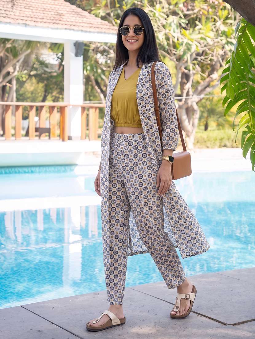 women printed three quarter sleeves top pant and shrug co-ord set - 22664515 -  Standard Image - 2
