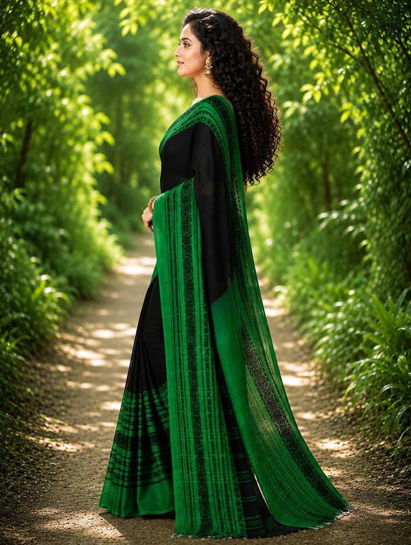 Women Solid With Bordered Handloom Saree With Blouse - 22665014 -  Standard Image - 2
