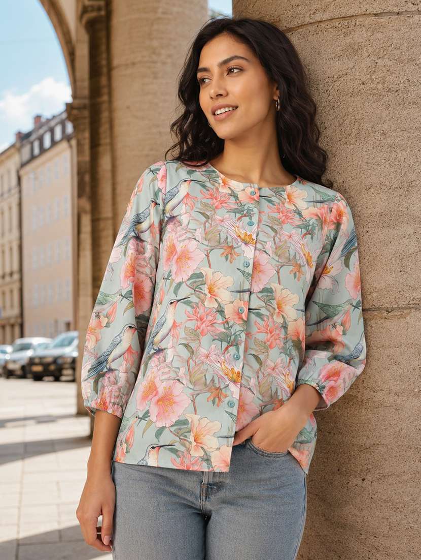 women printed three quarter sleeves regular top