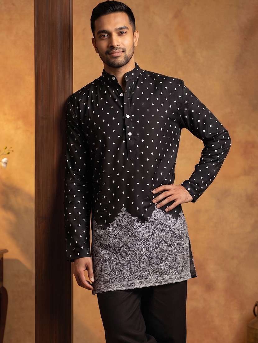 men printed mandarin neck short kurta - 22665159 -  Standard Image - 2