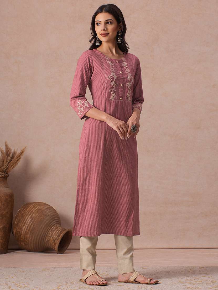 Women Printed Three Quarter Sleeves Straight Kurta - 22665486 -  Standard Image - 2