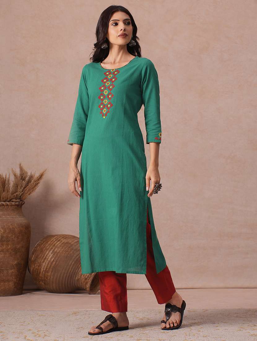 Women Embroidered Three Quarter Sleeves Straight Kurta - 22665489 -  Standard Image - 2