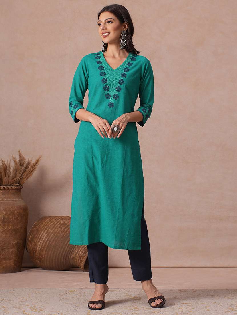 women embroidered three quarter sleeves straight kurta