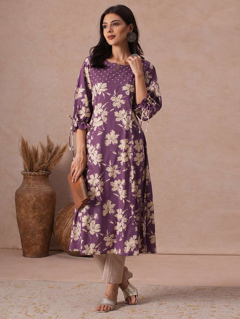 women printed three quarter sleeves a-line kurta