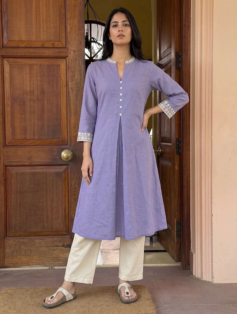 women embroidered three quarter sleeves kurta pant set - 22665853 -  Standard Image - 2