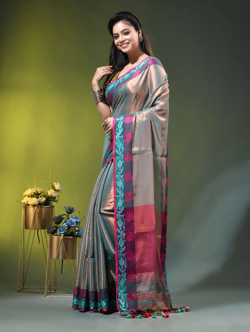 Women Solid With Bordered Handloom Saree With Blouse - 22686226 -  Standard Image - 2