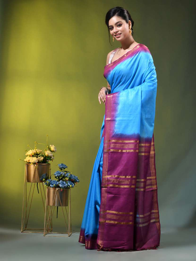 Women Solid With Bordered Saree With Blouse - 22686237 -  Standard Image - 2