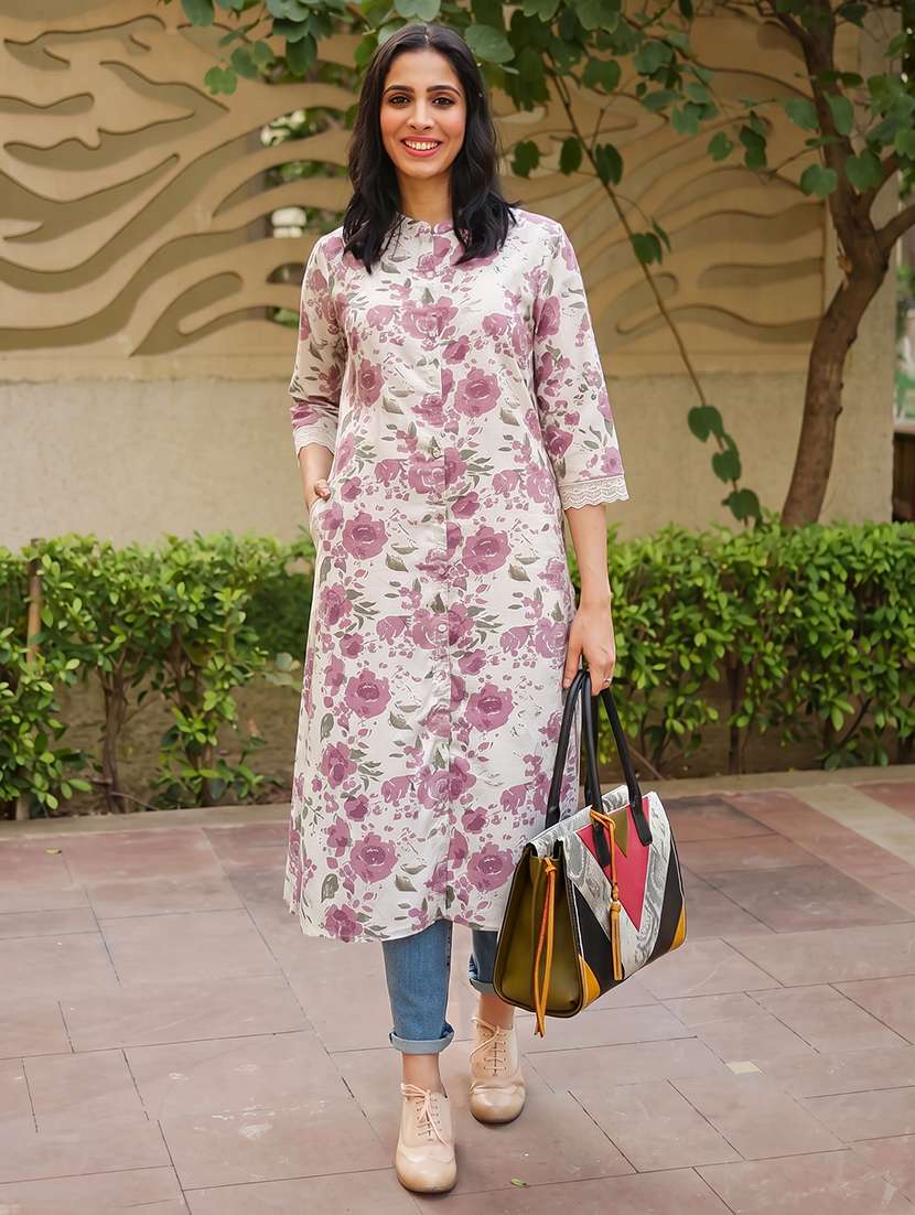 women printed three quarter sleeve straight kurta