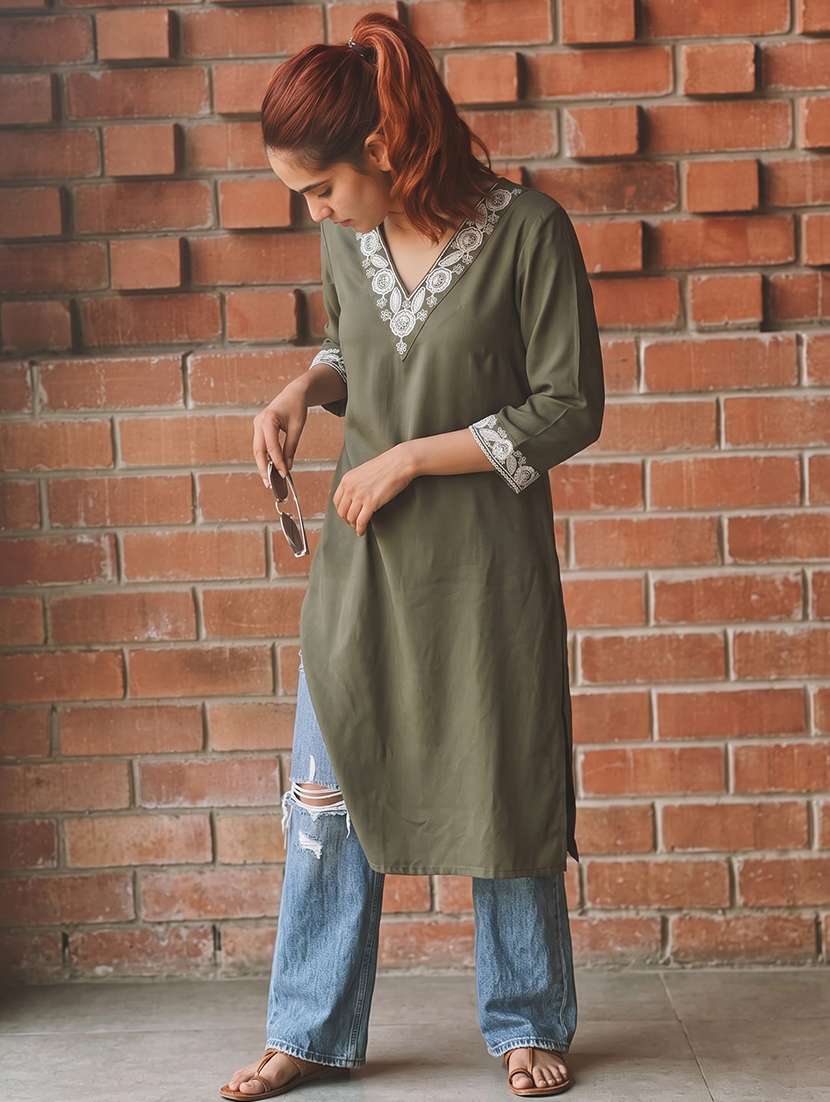 women embroidered three quarter sleeves straight kurta - 22686348 -  Standard Image - 2