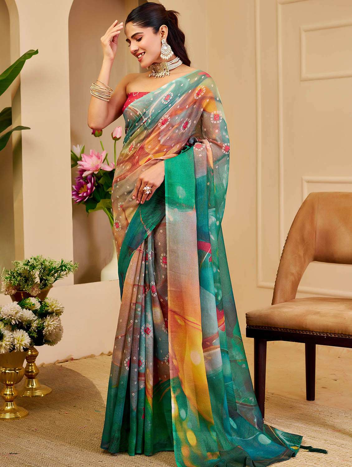women printed casual wear saree with blouse