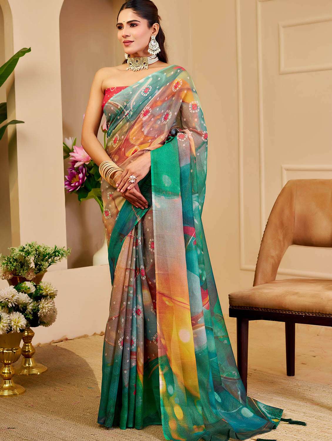 Women Printed Casual Wear Saree With Blouse - 22686630 -  Standard Image - 2