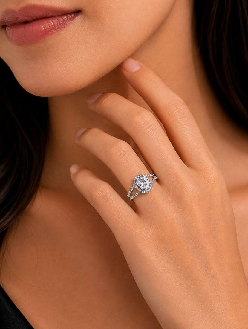 women rhodium plated american diamond with oval center stone & halo openwork pattern ring - 22687552 -  Standard Image - 2