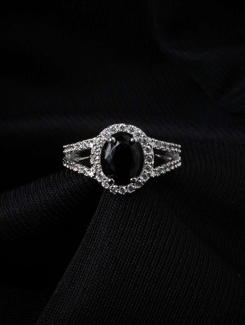 women rhodium plated american diamond with oval center stone & halo openwork pattern ring